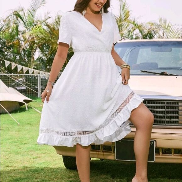 NWT Shein VCAY Curve Elegant White Lace Trim Dress - Picture 1 of 15